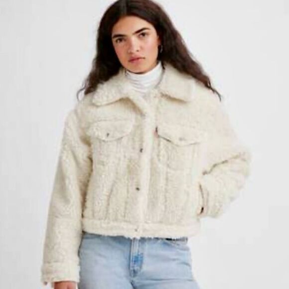 NEW Levi's Baby Bubble Sherpa Trucker Jacket Coconut Milk Cream Off White Size L - Picture 4 of 15